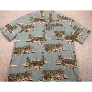 Pussers West Indies Mens Large Silk Cotton Santa Tropical Hawaiian Shirt Blue